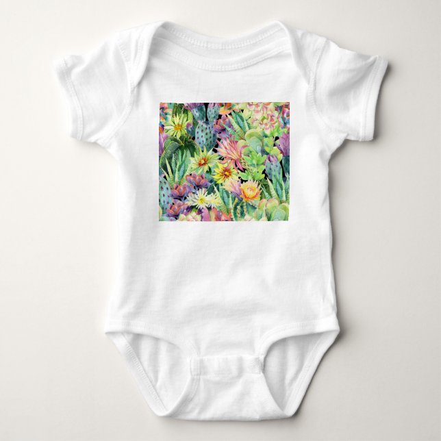 Blooming cactus, watercolor seamless pattern. baby bodysuit (Front)