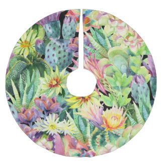 Blooming cactus, watercolor seamless pattern. brushed polyester tree skirt