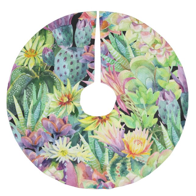 Blooming cactus, watercolor seamless pattern. brushed polyester tree skirt (Front)