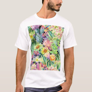 Blooming cactus, watercolor seamless pattern. T-Shirt