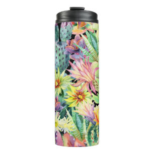 Blooming cactus, watercolor seamless pattern. thermal tumbler