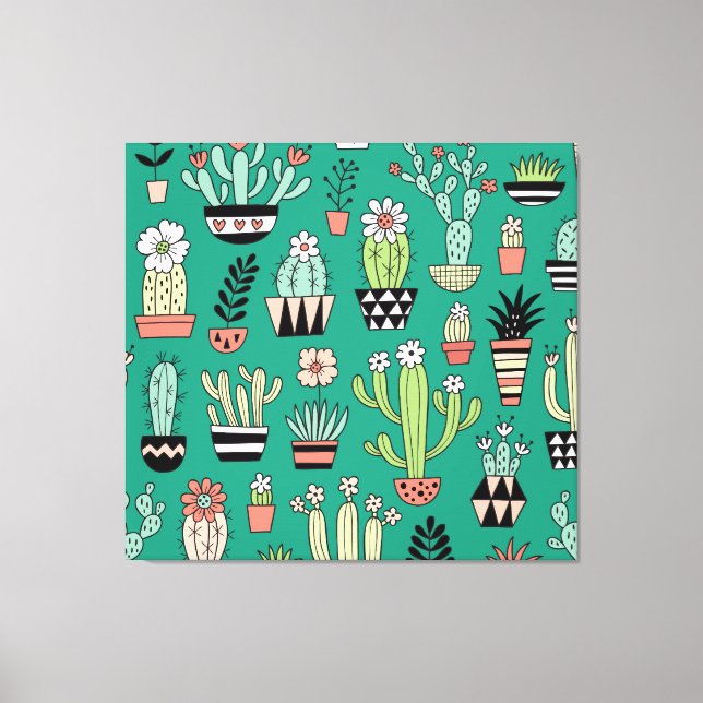 Blooming Cactuses Green Background Vintage Canvas Print (Front)