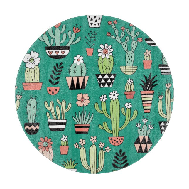 Blooming Cactuses Green Background Vintage Cutting Board (Front)