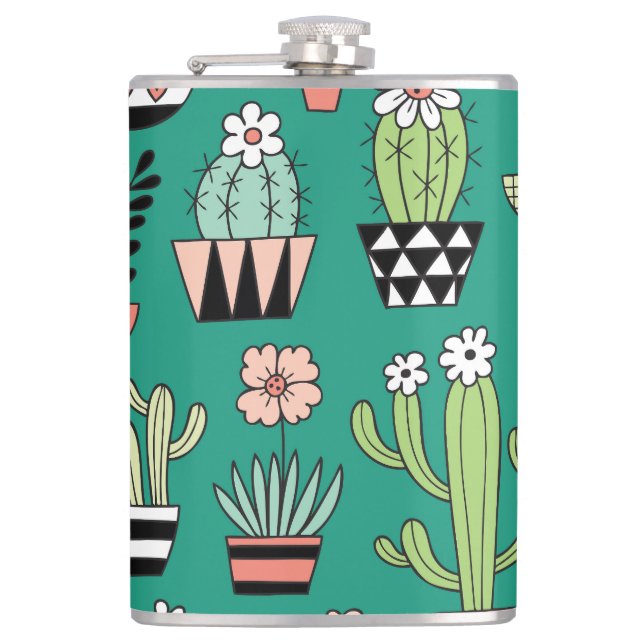 Blooming Cactuses Green Background Vintage Hip Flask (Front)