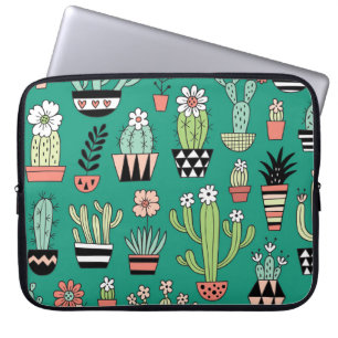 Blooming Cactuses Green Background Vintage Laptop Sleeve