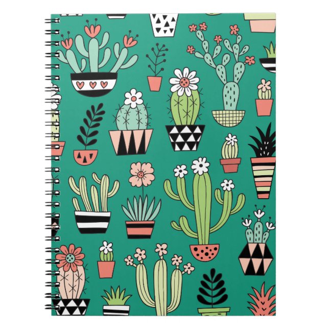 Blooming Cactuses Green Background Vintage Notebook (Front)