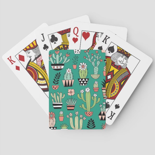 Blooming Cactuses Green Background Vintage Playing Cards (Back)