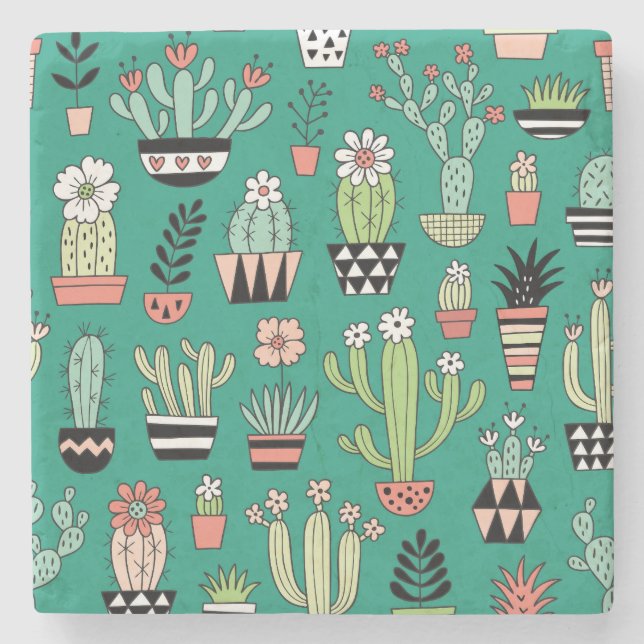 Blooming Cactuses Green Background Vintage Stone Coaster (Front)