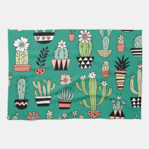 Blooming Cactuses Green Background Vintage Tea Towel