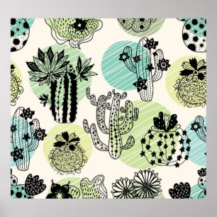 Blooming Cactuses: Hand-Drawn Seamless Charm Poster