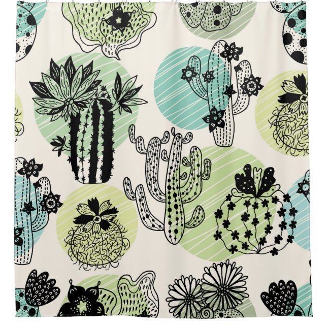 Blooming Cactuses: Hand-Drawn Seamless Charm Shower Curtain (Front)