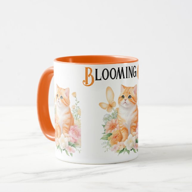 "Blooming Cat: Orange and White Blossom Wonderland Mug (Front Left)