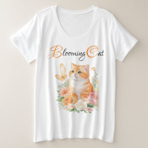 Blooming Cat: Orange and White Floral Whiskers Plus Size T-Shirt