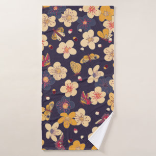 blooming cherry and butterflies seamless pattern.  bath towel