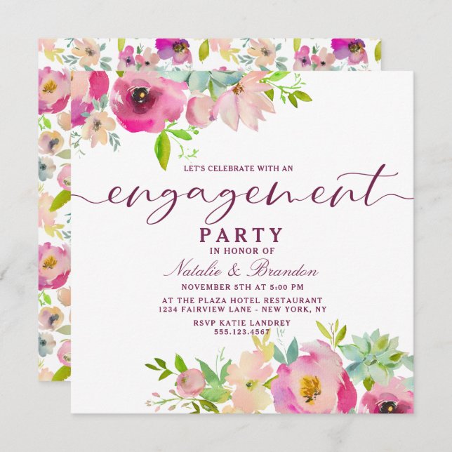 Blooming Chic Blush Floral Engagement Party Square Invitation (Front/Back)
