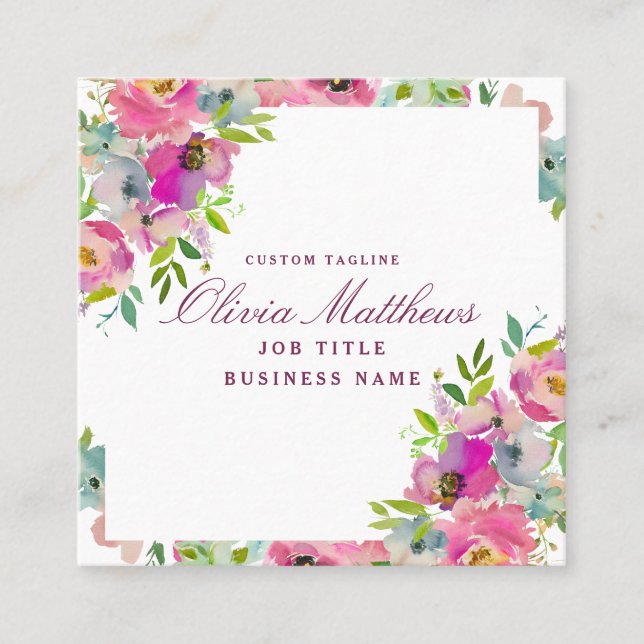 Blooming Chic Blush Pink Floral Framed Square Business Card (Front)