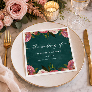 Blooming Chic Deep Teal Green Floral Wedding Napkin