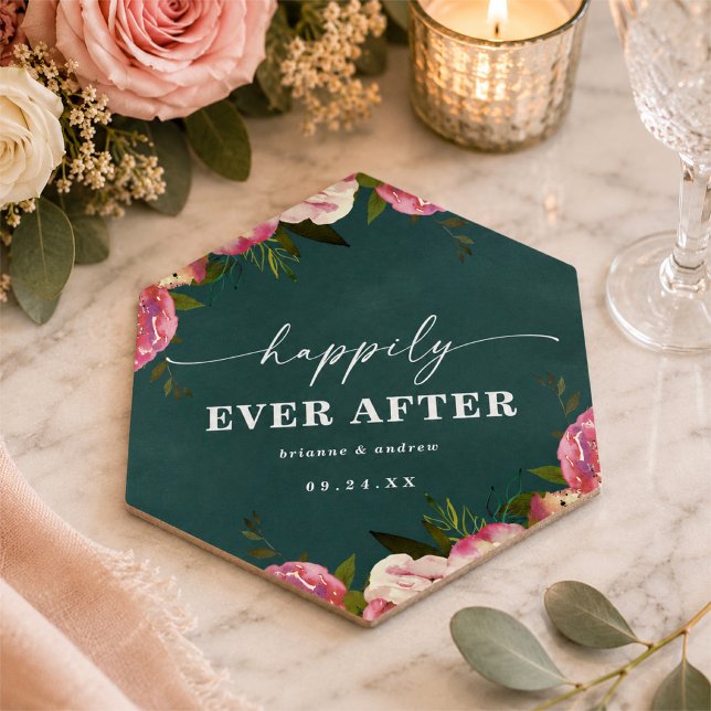 Blooming Chic Deep Teal Green Floral Wedding Paper Coaster (Happily ever after wedding reception coasters)