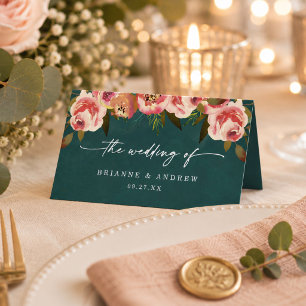 Blooming Chic Deep Teal Green Floral Wedding Place Card