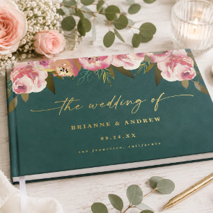 Blooming Chic Deep Teal Green Gold Foil Wedding Guest Book
