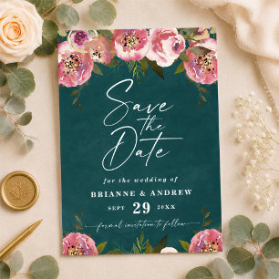 Blooming Chic Deep Teal Green Photo Wedding Save The Date