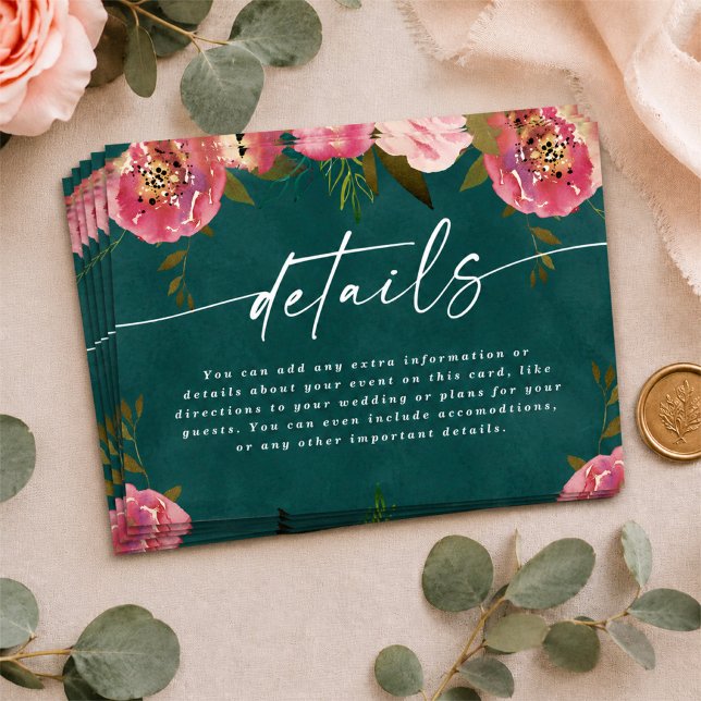 Blooming Chic Deep Teal Green Wedding Details Enclosure Card (Moody dark teal details enclosure cards)