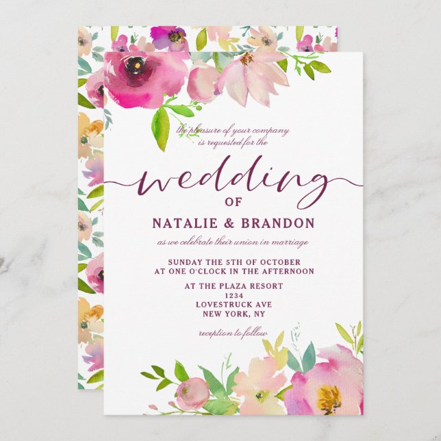 Blooming Chic Floral Hand Lettered Look Wedding Invitation (Front/Back)