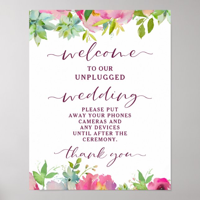 Blooming Chic Floral Unplugged Wedding Table Sign (Front)