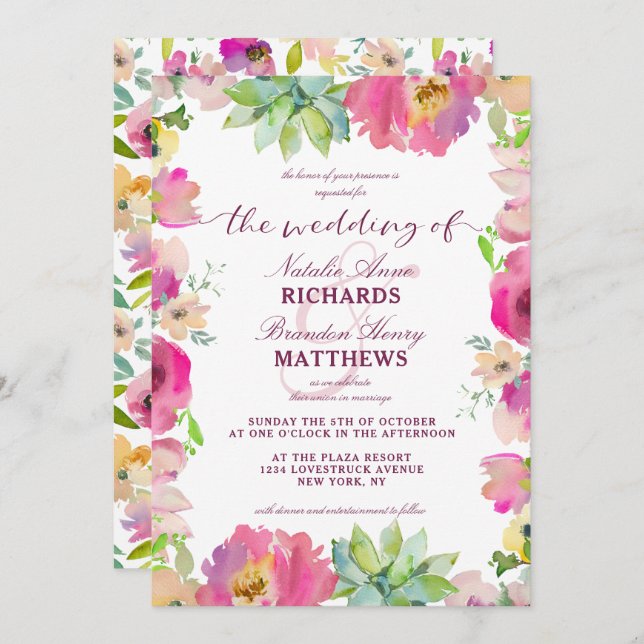 Blooming Chic Mint & Blush Floral Border Wedding Invitation (Front/Back)