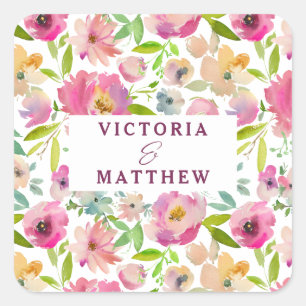 Blooming Chic Mint & Blush Floral Monogram Wedding Square Sticker