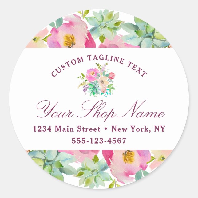 Blooming Chic Mint & Blush Pink Floral Business Classic Round Sticker (Front)