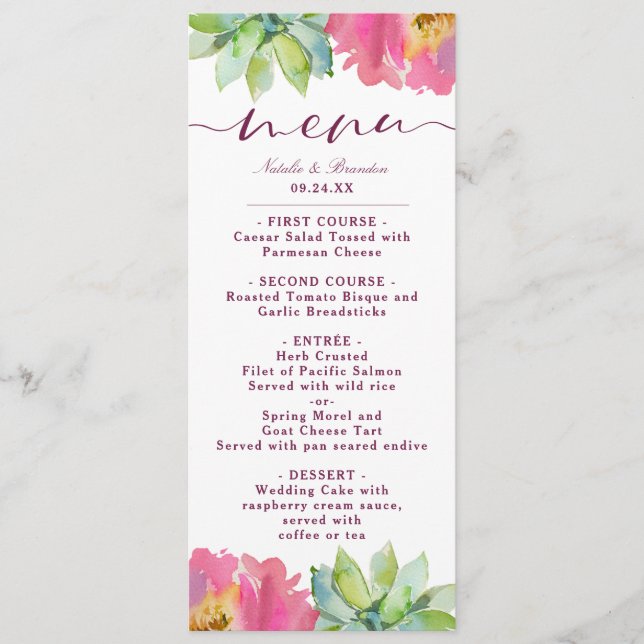 Blooming Chic Mint & Blush Pink Floral Dinner Menu (Front)