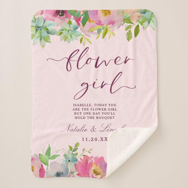 Blooming Chic Mint & Blush Pink Flower Girl Quote Sherpa Blanket (Front)