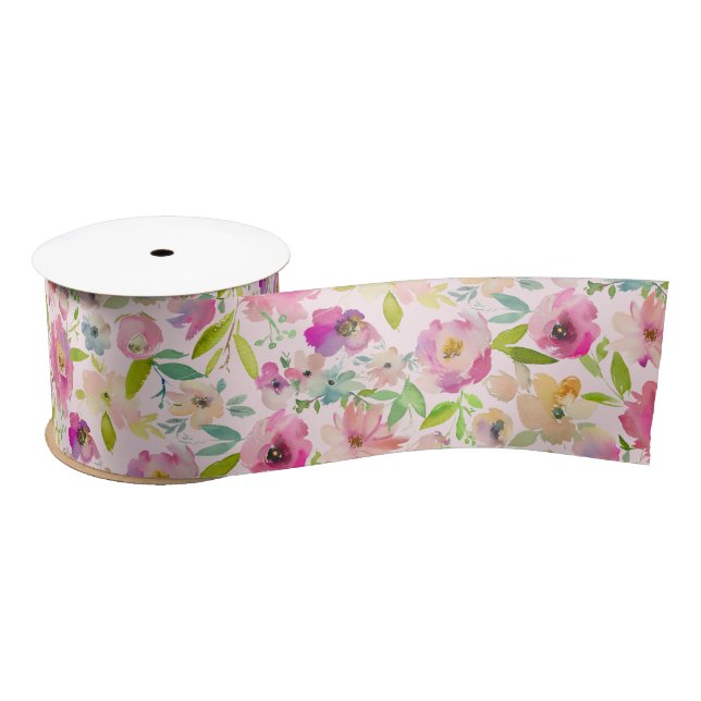Blooming Chic Mint & Blush Pink Watercolor Wedding Satin Ribbon (Spool)