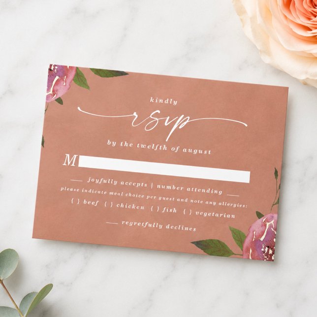 Blooming Chic Rustic Peach Meal Choice RSVP Card (Elegant dusty peach floral meal choice rsvp cards)