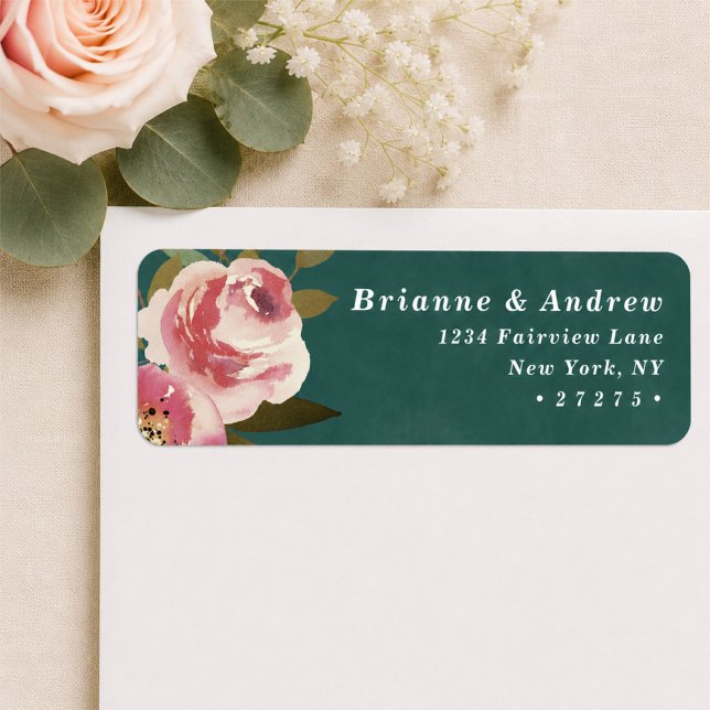 Blooming Chic Teal Green Wedding Return Address (Elegant dark teal and pink floral return address labels)