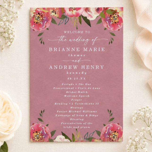 Blooming Chic Wild Rose Pink Wedding Ceremony Programme (Elegant wild rose pink wedding programs)