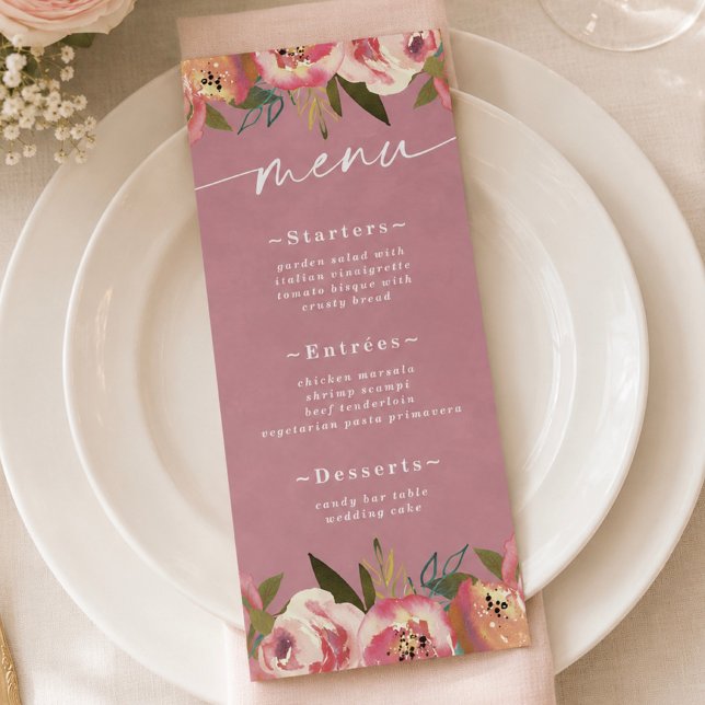 Blooming Chic Wild Rose Pink Wedding Menu (Elegant wild rose pink floral reception or event dinner menus)
