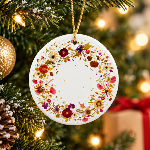 Blooming Colourful Pressed Flower Circle Christmas Ceramic Tree Decoration