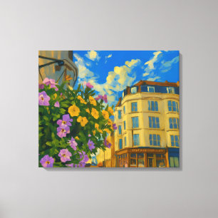Blooming Corner – Vibrant European Street Canvas Print