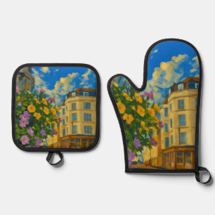 Blooming Corner – Vibrant European Street  Oven Mitt & Pot Holder Set