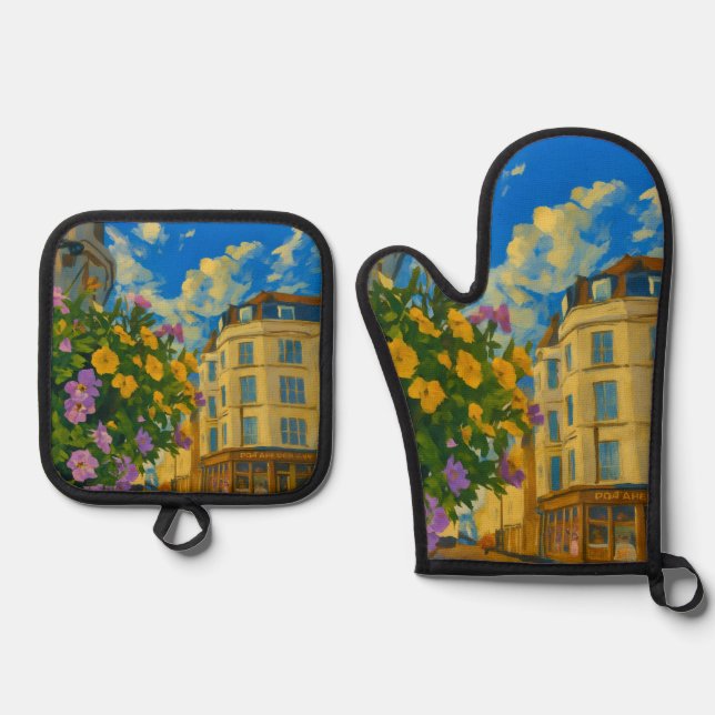 Blooming Corner – Vibrant European Street  Oven Mitt & Pot Holder Set (Front)