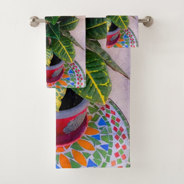 Blooming Croton on Mosaic Table Towel (Insitu)
