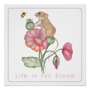 Blooming Cute Mouse on Poppy Poster