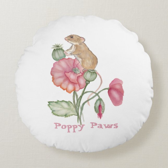 Blooming Cute Mouse on Poppy Round Cushion (Front)