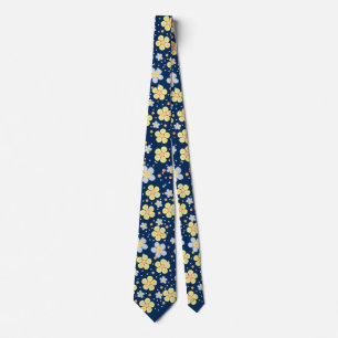 Blooming Daisies. Yellow and Pink D Blue BG Tie
