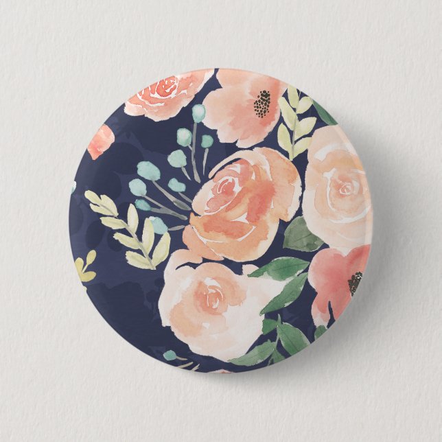 Blooming Delight | Peach & Blue Roses & Poppies 6 Cm Round Badge (Front)