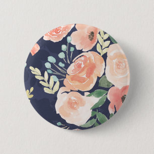 Blooming Delight   Peach & Blue Roses & Poppies 6 Cm Round Badge