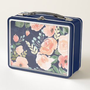 Blooming Delight   Peach & Blue Roses & Poppies Metal Lunch Box