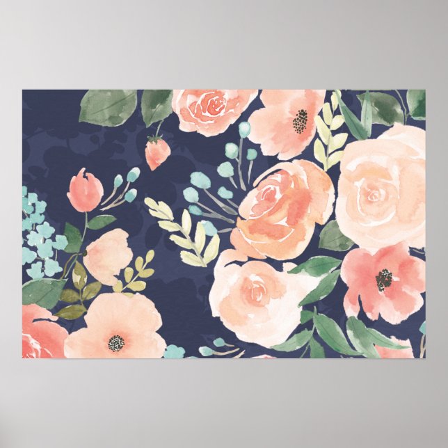 Blooming Delight | Peach & Blue Roses & Poppies Poster (Front)